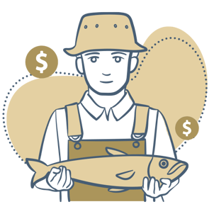 Man holding a fish, with dollar signs in the background